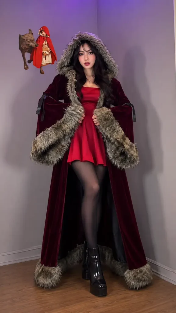 Woman wearing a short red dress with a long burgundy velvet hooded cape trimmed in faux fur, black tights, and platform boots.