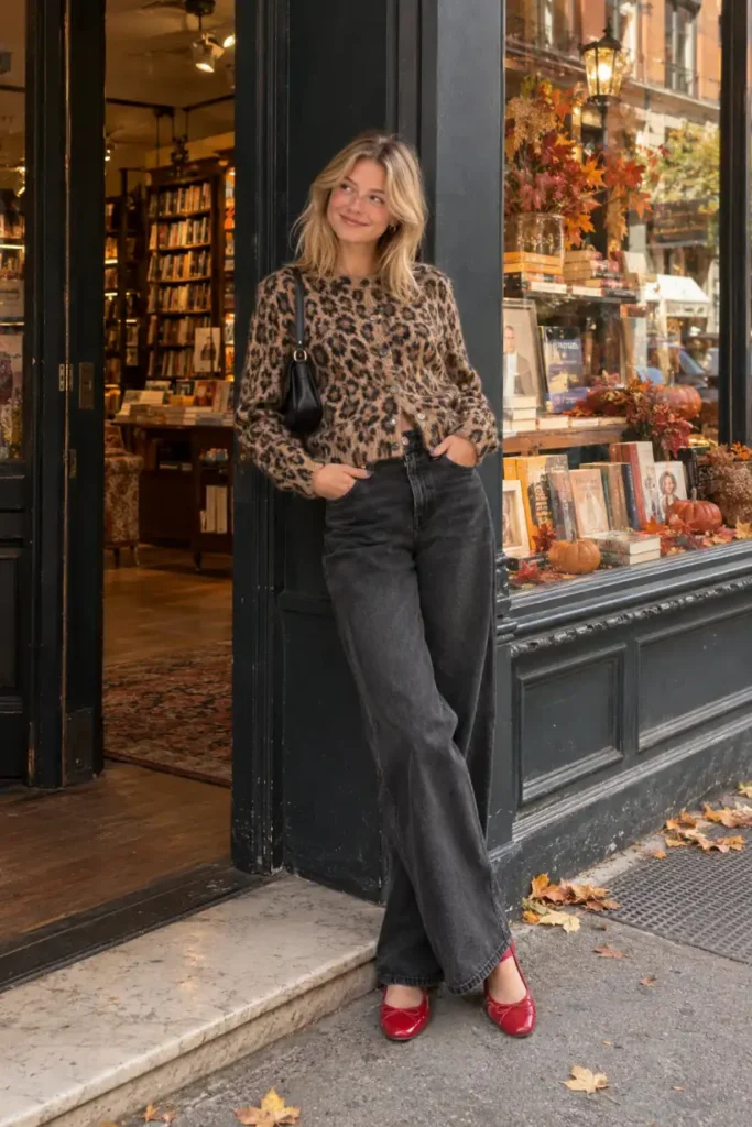 White teen girl wearing a leopard print cardigan, washed black wide-leg jeans, cherry red ballet flats, and a black shoulder bag for a trendy casual Thanksgiving look.