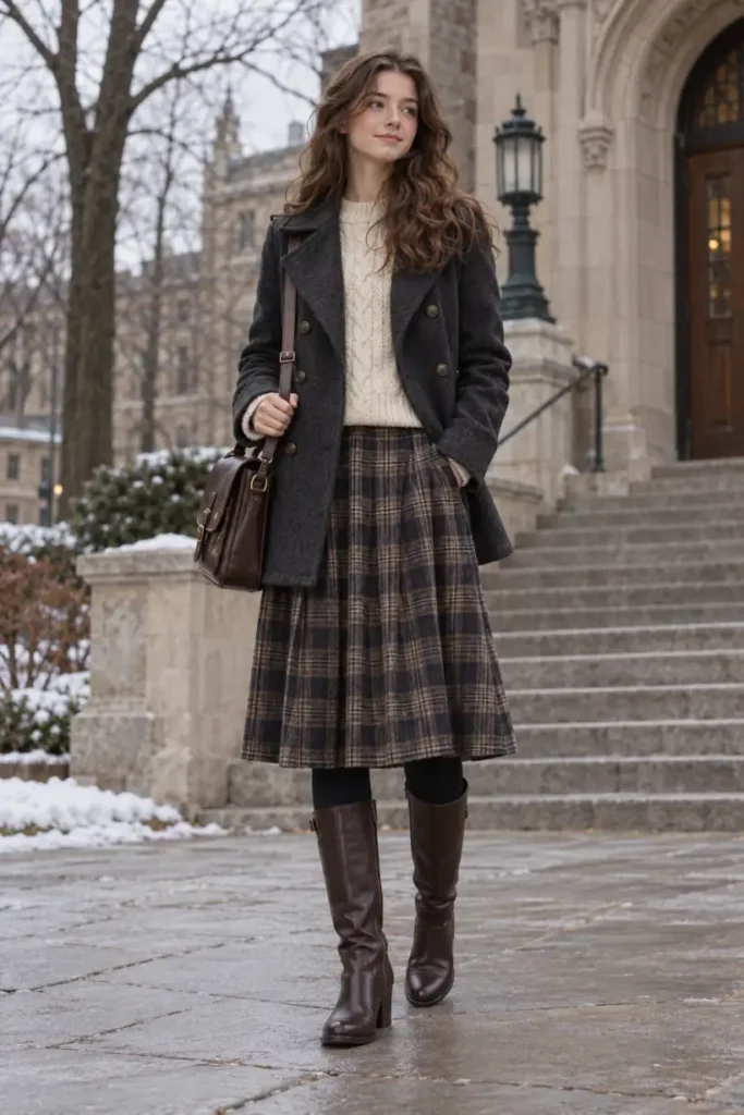 Teen school girl wearing a charcoal wool peacoat, cream cable-knit sweater, taupe-and-navy plaid midi skirt, black fleece-lined tights, and brown knee-high boots.