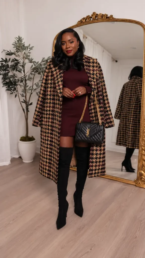 Black woman wearing a burgundy knit mini dress with a long brown houndstooth coat, black over-the-knee boots, and a quilted black chain bag for a dressy fall look.