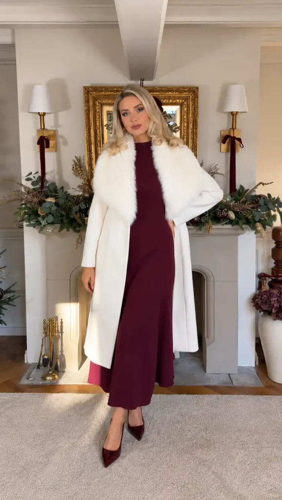 Woman wearing a burgundy midi dress with a long ivory coat featuring a fluffy white collar and matching burgundy pointed heels for an elegant Christmas outfit.