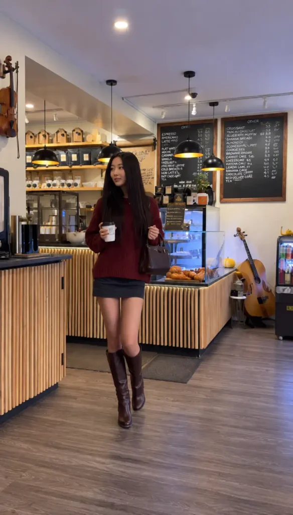 Burgundy oversized sweater paired with black mini skirt, brown knee-high boots, and dark brown handbag.