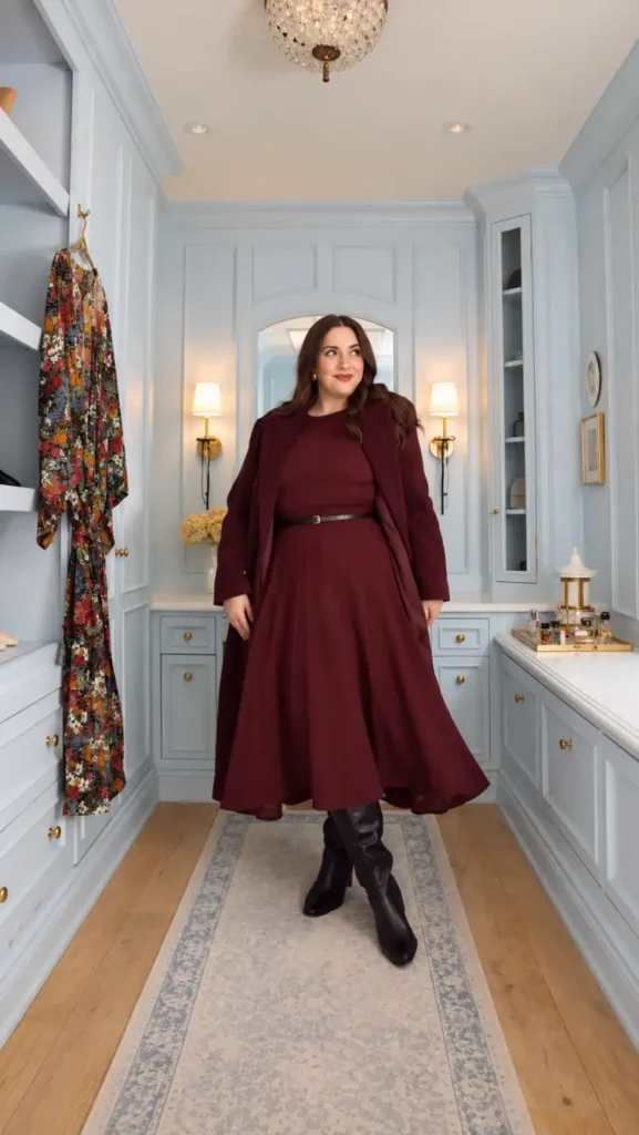 Plus size woman wearing a burgundy ribbed top with a matching pleated midi skirt, long burgundy coat, waist belt, and black knee-high boots.