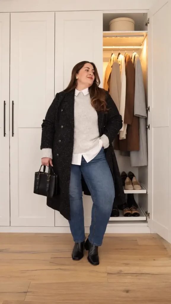 Plus size woman wearing a long charcoal coat over a gray sweater and white collared shirt with blue jeans, black ankle boots, and a structured handbag.