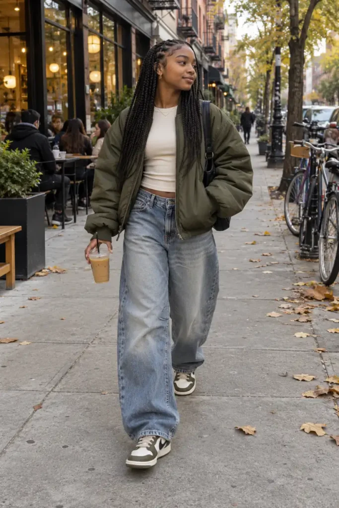 Black teen girl wearing an oversized olive bomber jacket, fitted cream top, faded barrel jeans, and retro sneakers for a cool Thanksgiving streetwear outfit.