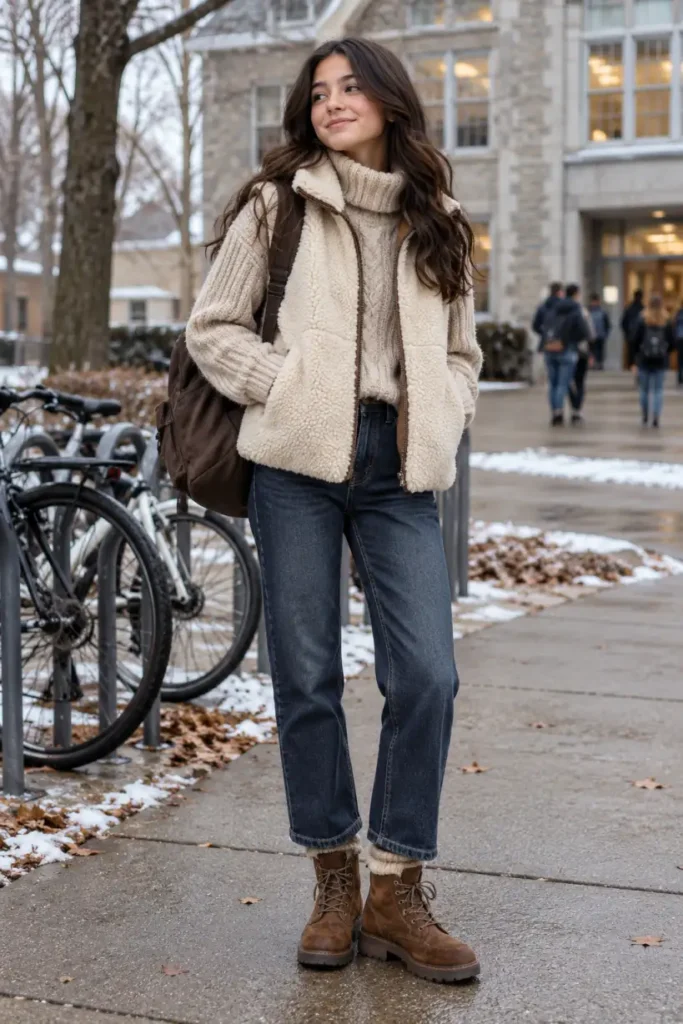 Teen school girl wearing a cream teddy fleece vest over an oatmeal turtleneck sweater, straight-leg dark blue jeans, and chestnut lace-up boots for a cozy winter school look.