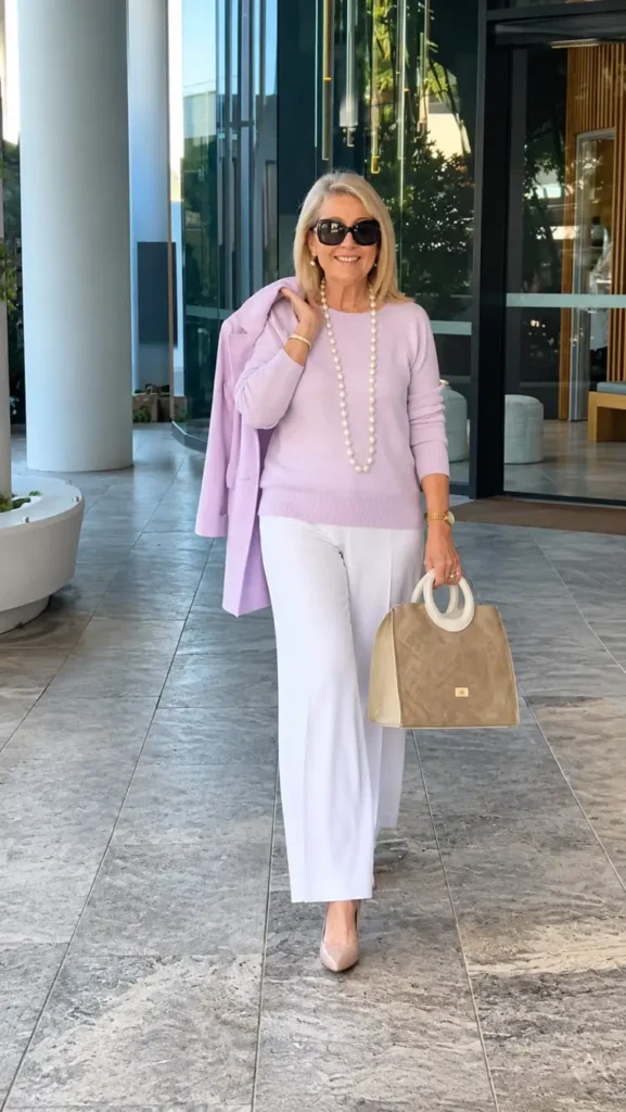 Elegant mature woman wearing a lilac sweater with a matching coat, white wide-leg trousers, pearl necklace, and beige handbag for a quiet luxury winter outfit.
