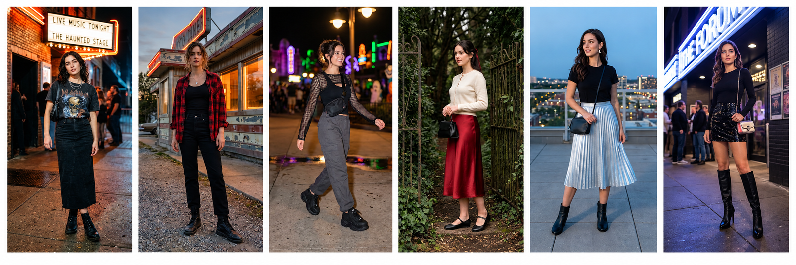 Women wearing six stylish non-costume outfits showing how to dress for Halloween with dark denim, plaid, mesh, satin, metallic and sequin looks.