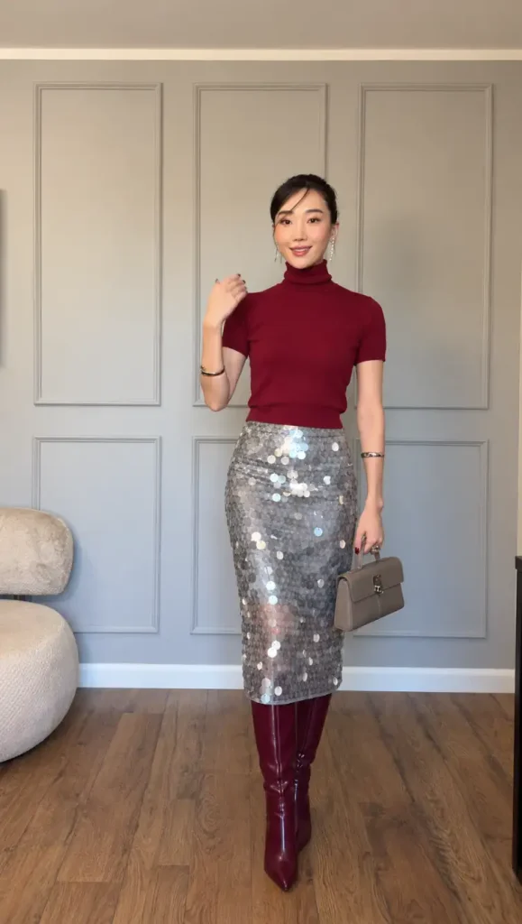 Woman wearing a burgundy short-sleeve turtleneck with a silver sequin midi skirt, matching burgundy knee-high boots, and a structured taupe handbag for a trendy New Years Eve outfit.