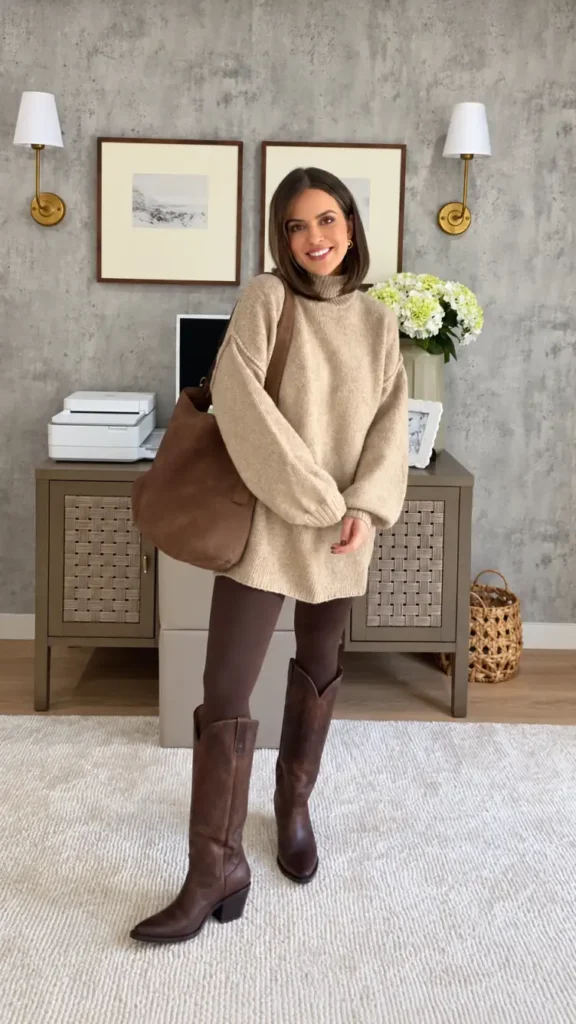 Woman wearing a cream oversized mock-neck sweater with chocolate brown leggings, tall western-style brown boots, and a large suede-look tote for a cozy Thanksgiving outfit.