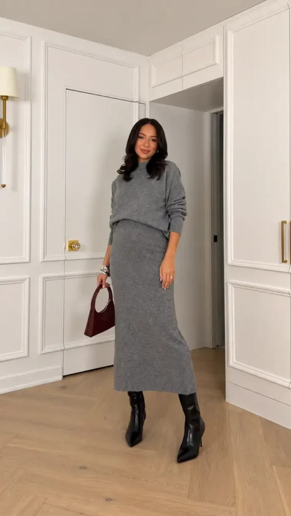 Woman wearing a matching gray knit sweater and long skirt with black pointed ankle boots and a burgundy handbag for an elegant casual Thanksgiving outfit.