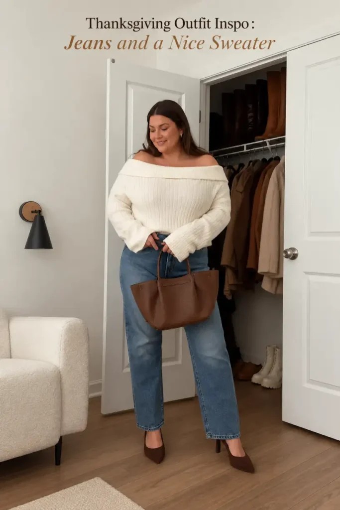 Woman wearing an ivory off-shoulder ribbed sweater with blue straight-leg jeans, chocolate brown pointed heels, and a brown tote bag for an elegant Thanksgiving look.