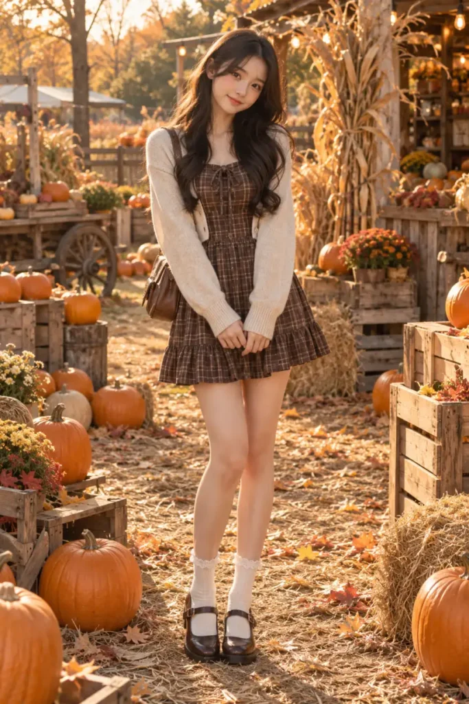 Korean teen girl wearing a brown plaid babydoll dress, cropped oatmeal cardigan, cream lace socks, and chocolate Mary Jane shoes for a cute vintage Thanksgiving outfit.
