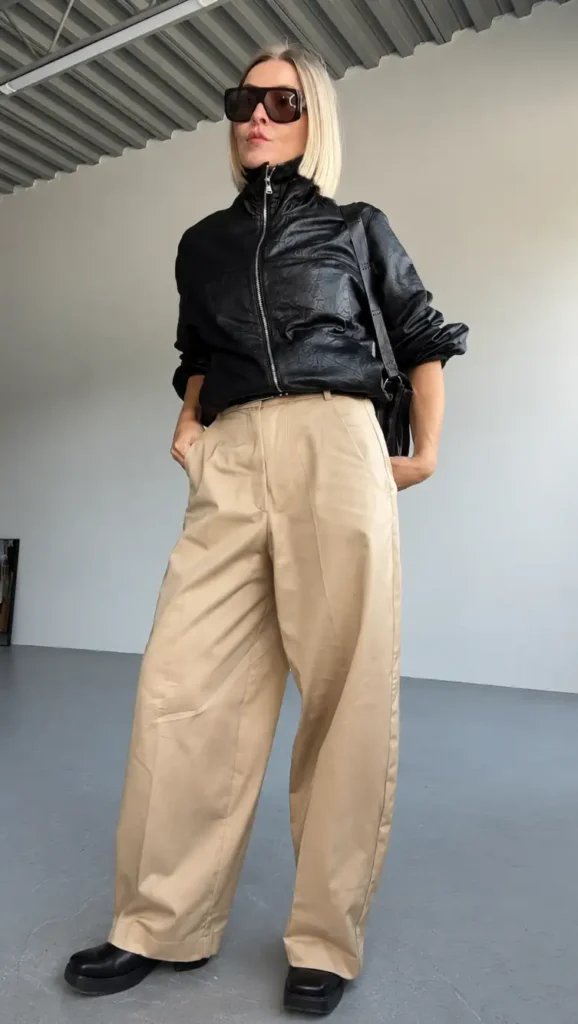 Fashionable woman wearing a black zip-up leather-look jacket with beige wide-leg trousers, chunky black shoes, and oversized sunglasses for a modern Thanksgiving outfit.