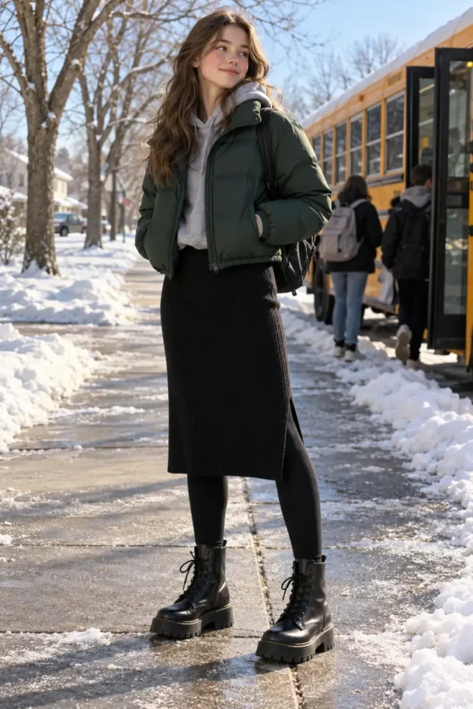 Teen school girl wearing a forest-green cropped puffer jacket over a gray hoodie, black knit midi skirt, thermal leggings, and chunky black combat boots at a snowy school bus stop.