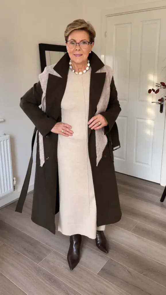 Stylish older woman wearing a long chocolate-brown coat over a cream knit sweater dress with dark brown pointed boots and statement pearl jewelry.