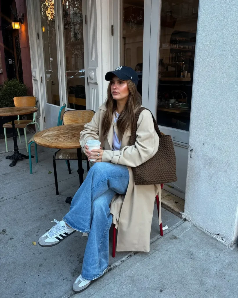 Beige trench coat styled with relaxed blue jeans, sneakers, baseball cap, and brown woven tote for casual fall fashion.