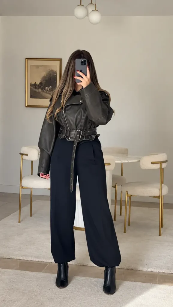 Woman styling an oversized black leather biker jacket with a statement waist belt, black wide-leg trousers, and pointed ankle boots for an edgy monochrome winter outfit.