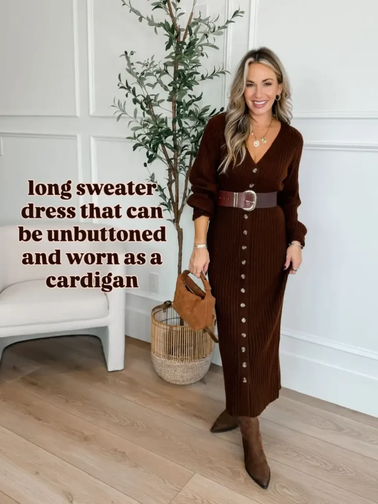Woman wearing a chocolate brown ribbed button-front maxi sweater dress with a wide brown belt, pointed ankle boots, and a woven handbag for an elegant Thanksgiving dinner outfit.