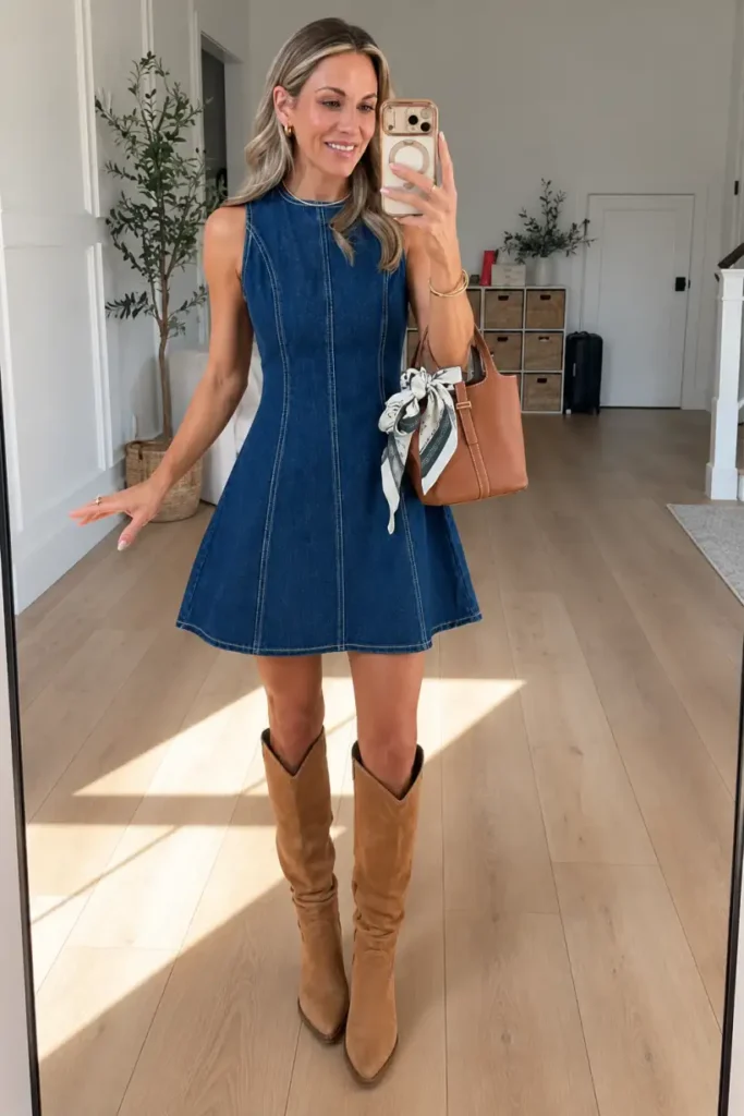 Woman wearing a sleeveless dark blue denim mini dress with tan cowboy boots and a brown tote bag decorated with a printed scarf for a casual fall look.