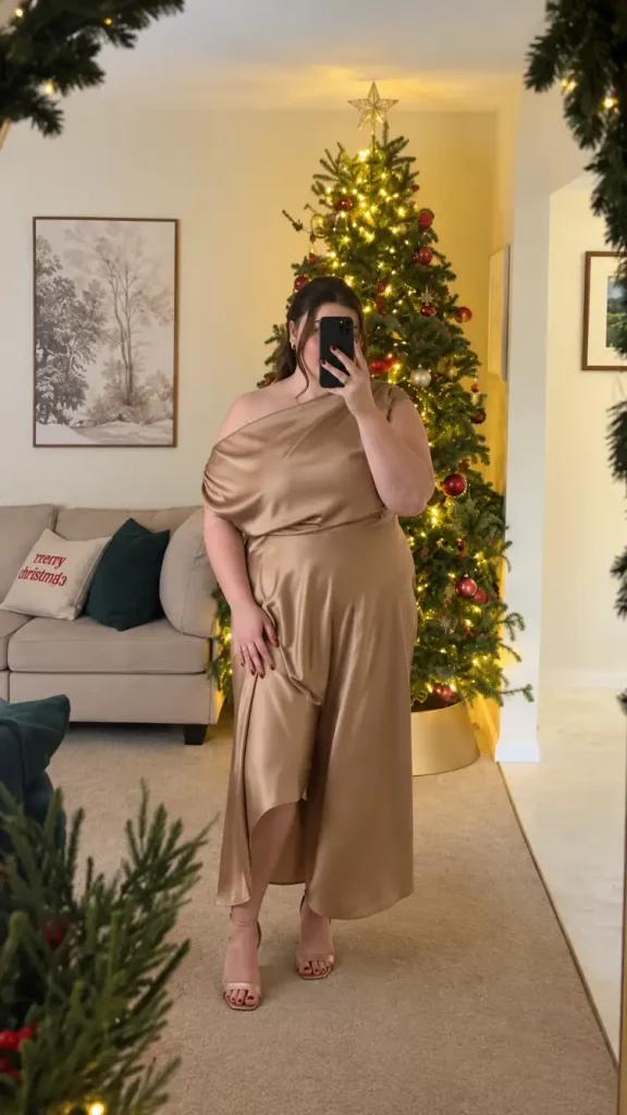 Plus-size woman wearing a champagne satin maxi dress with an asymmetric draped neckline, front slit, and nude strappy heels for a sophisticated Christmas party outfit.