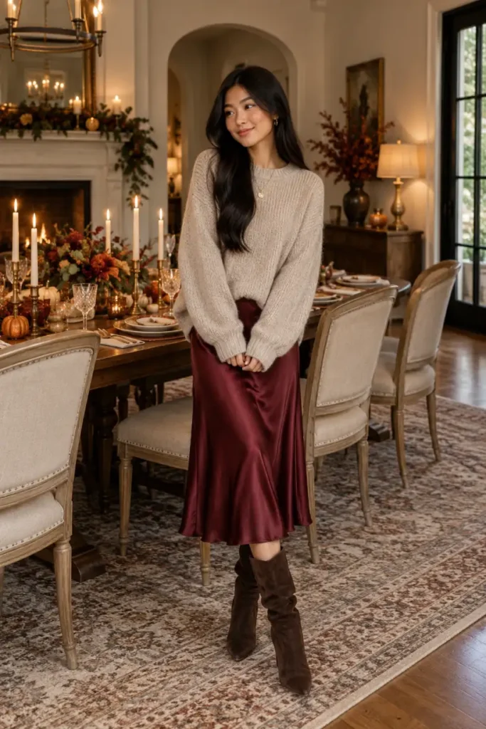 Asian teen girl wearing a burgundy satin midi skirt, oversized oatmeal sweater, and slouchy chocolate suede boots for an elegant Thanksgiving dinner outfit.
