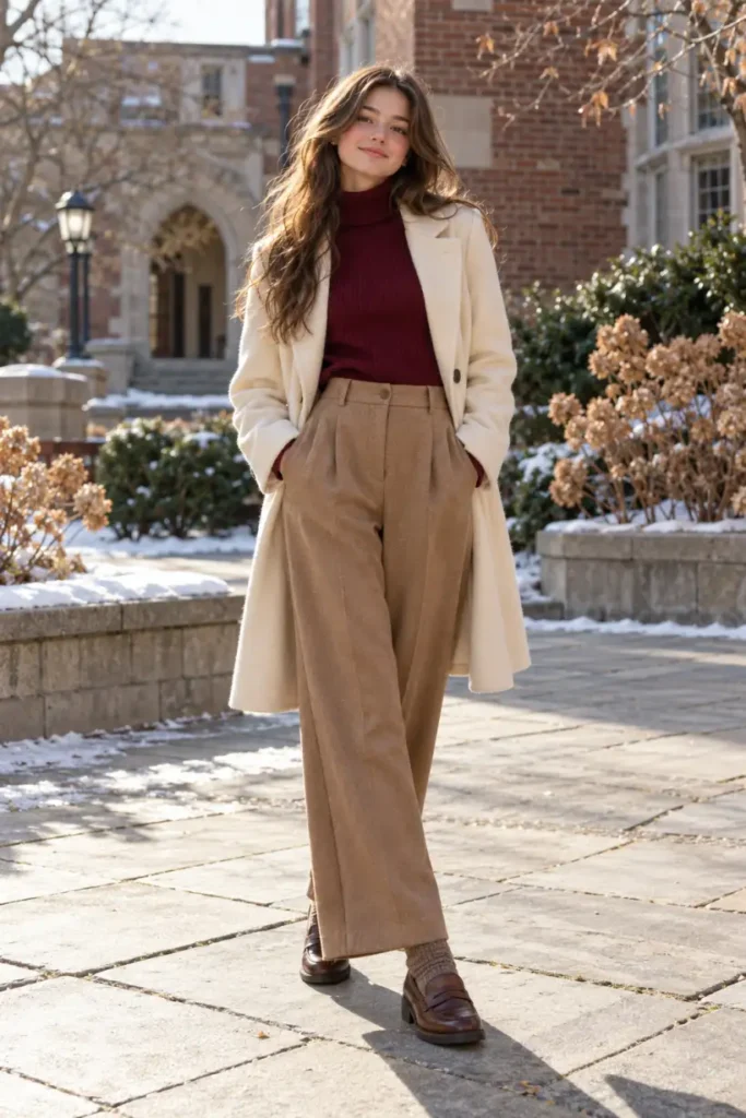 Teen school girl wearing a burgundy ribbed turtleneck sweater, high-waisted camel wide-leg trousers, long cream wool coat, and brown loafers with warm socks.