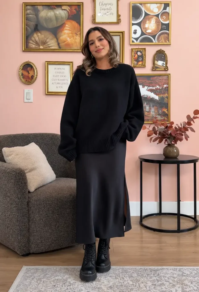 Oversized black sweater styled with a black satin midi skirt and chunky lace-up combat boots for a monochrome fall look.