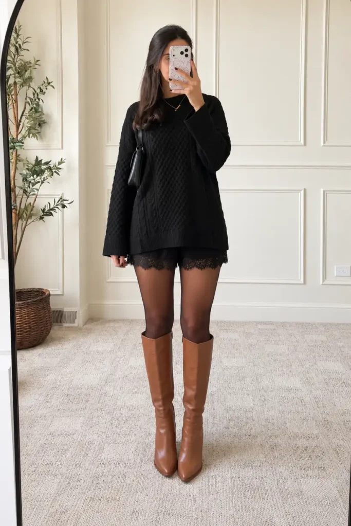 Woman wearing a black cable-knit oversized sweater with black lace-trim shorts, sheer tights, and cognac knee-high boots for a chic Thanksgiving outfit.