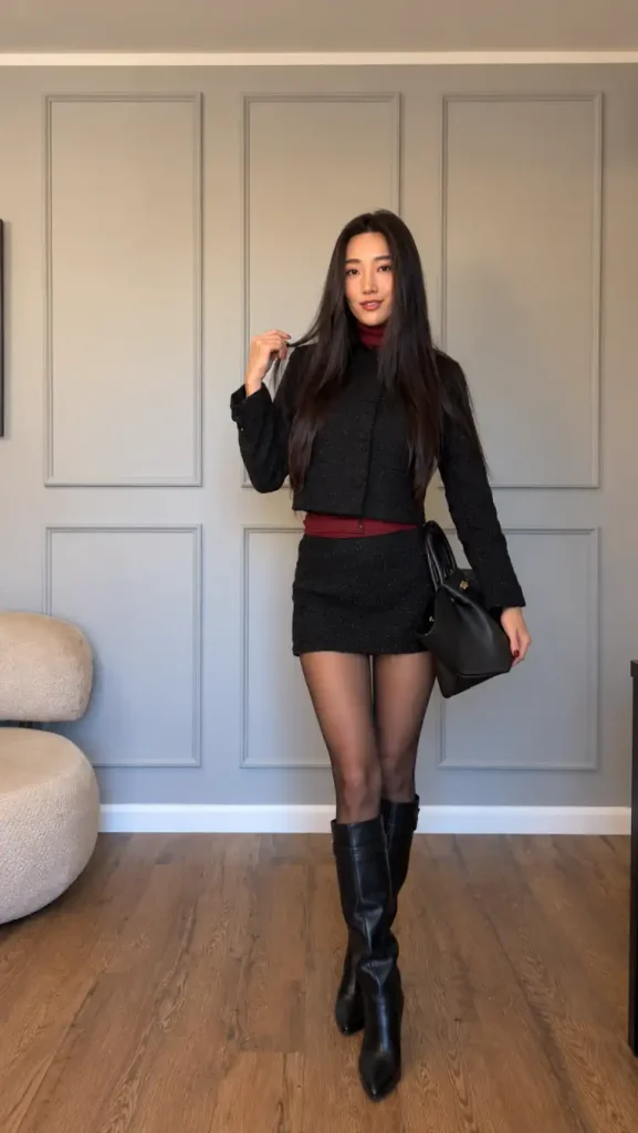 Woman wearing a textured black cropped jacket and matching mini skirt over a burgundy turtleneck, styled with sheer black tights, knee-high boots, and a structured handbag.