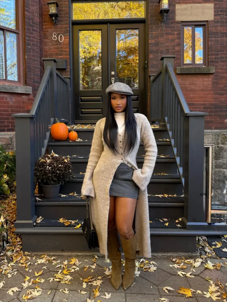 Black woman wearing a long oatmeal cardigan over a cream top with a gray mini skirt, suede brown knee-high boots, newsboy cap, and black chain bag for a classic fall outfit.