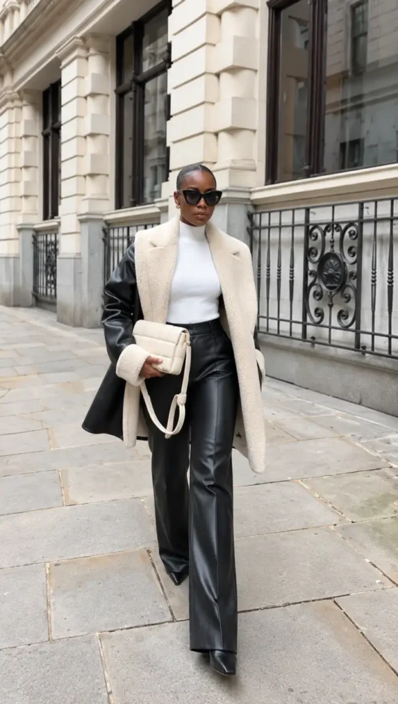Black woman wearing a black leather jacket with oversized cream shearling trim, a white ribbed turtleneck, black leather trousers, pointed boots, and a cream quilted handbag.