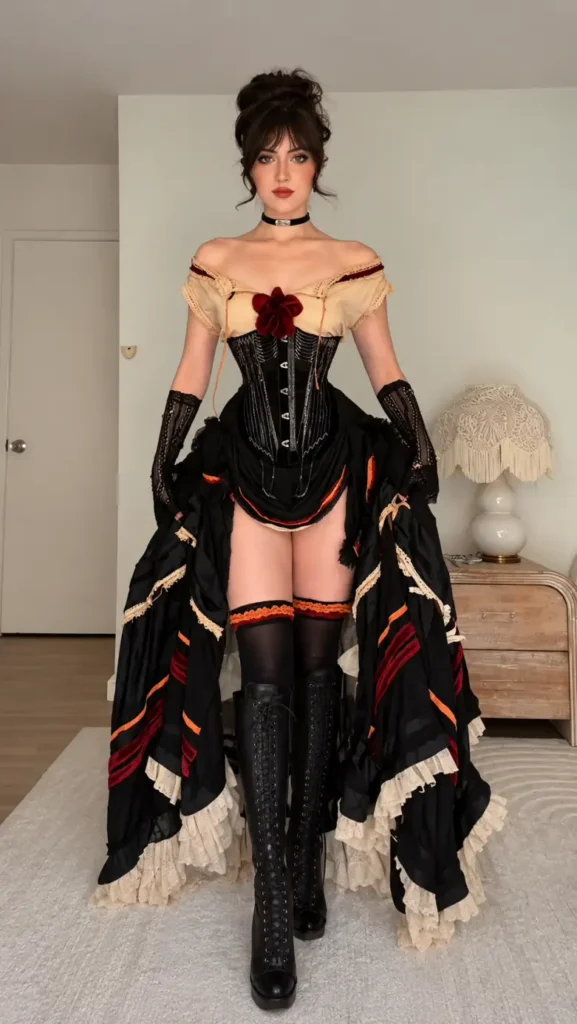 Woman wearing a dramatic black corset costume with cream lace, red accents, long layered skirt, thigh-high stockings, and lace-up boots.