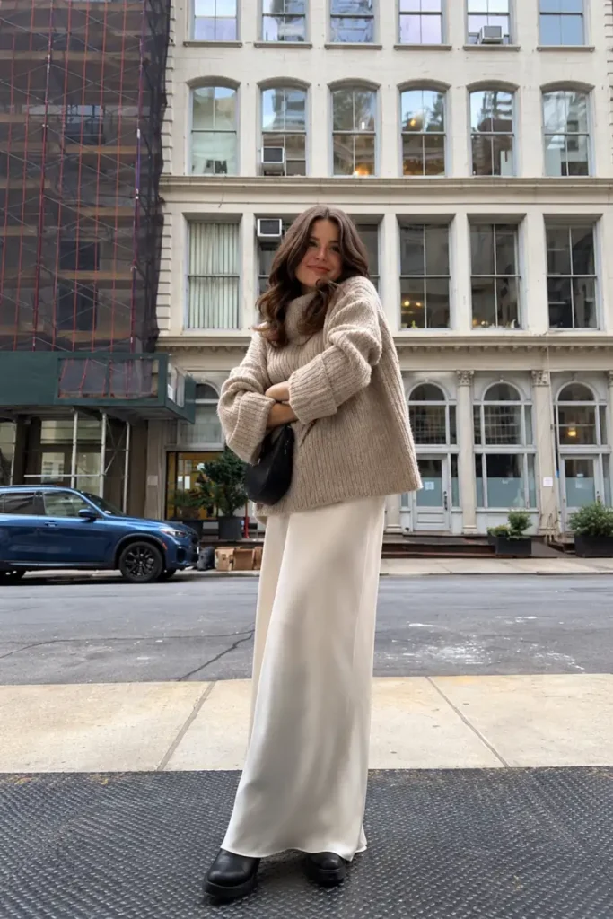 Woman wearing a chunky oatmeal turtleneck sweater with a flowing cream satin maxi skirt, chunky black shoes, and a black shoulder bag for a cozy elegant fall outfit.