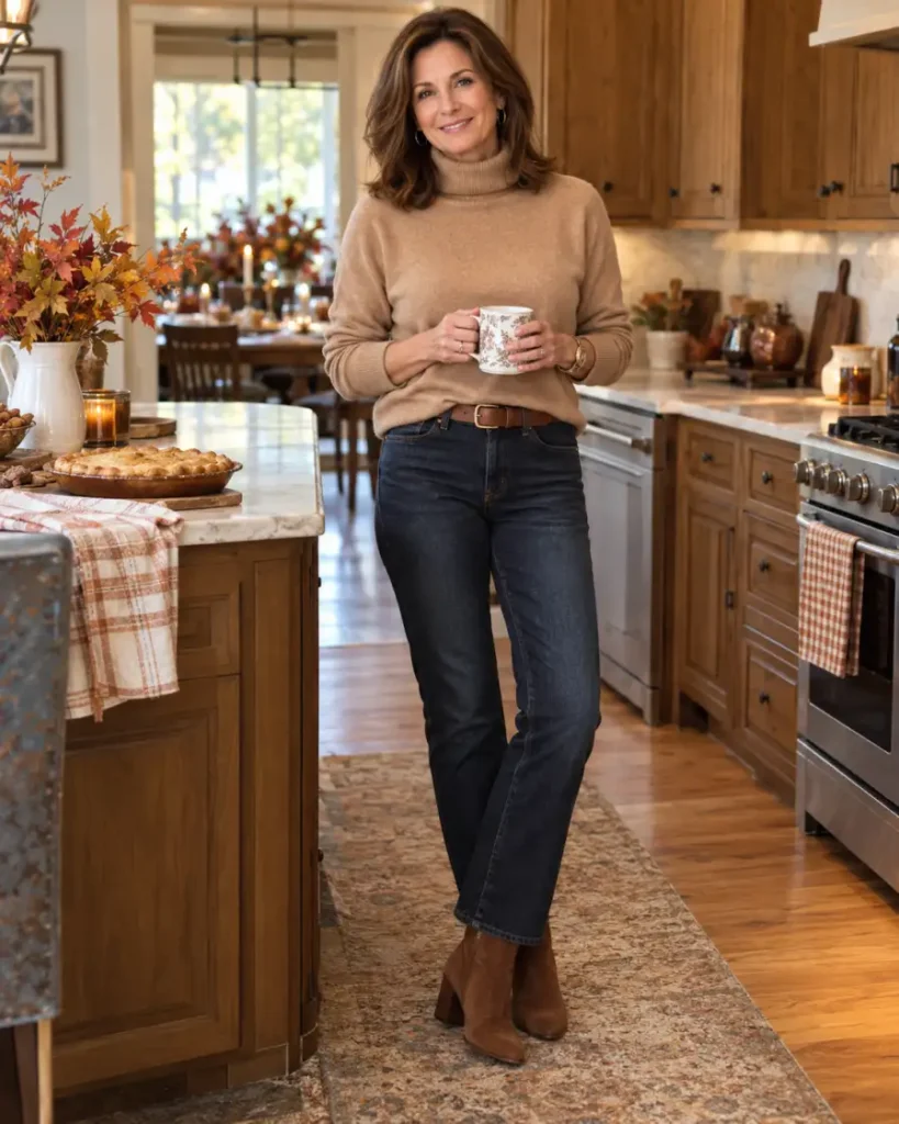 Stylish woman over 50 wearing a camel turtleneck sweater with dark straight-leg jeans, a brown leather belt, and suede ankle boots for a casual Thanksgiving outfit.