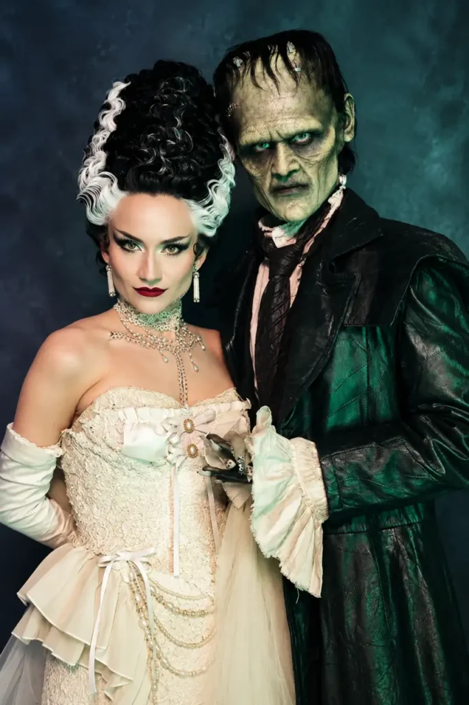 Spooky couple Halloween costumes with an ivory monster bride look and a green-faced groom wearing dark formal clothing.