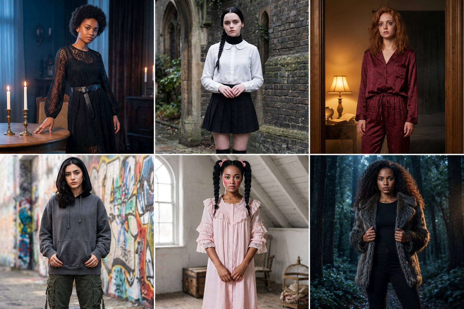 How to dress for Halloween with six creepy-chic non-costume outfits featuring lace, pleats, satin, cargo pants and dark layers.