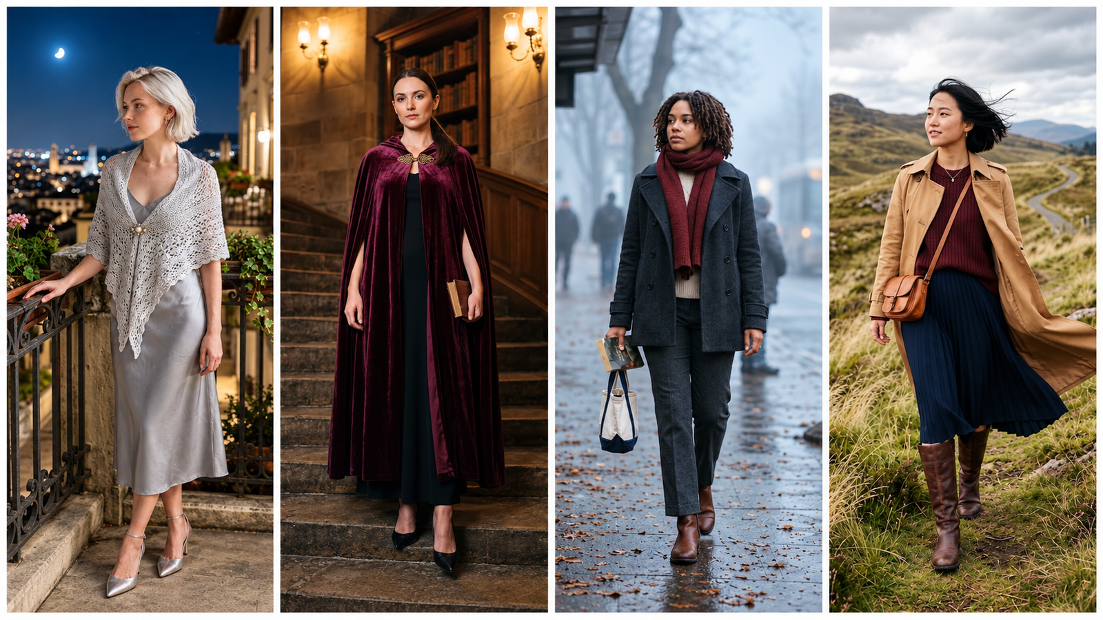 Four poetcore outfits featuring a velvet cape, moonlit shawl, wool coat with scarf, and trench coat with pleated skirt