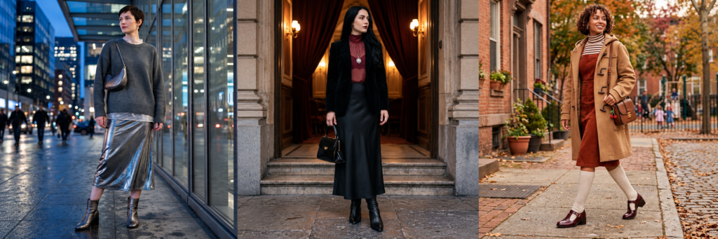 Three side-by-side fall fashion outfits inspired by Pinterest Predicts 2026, featuring metallic street style, dark romantic eveningwear, and a retro autumn look.
