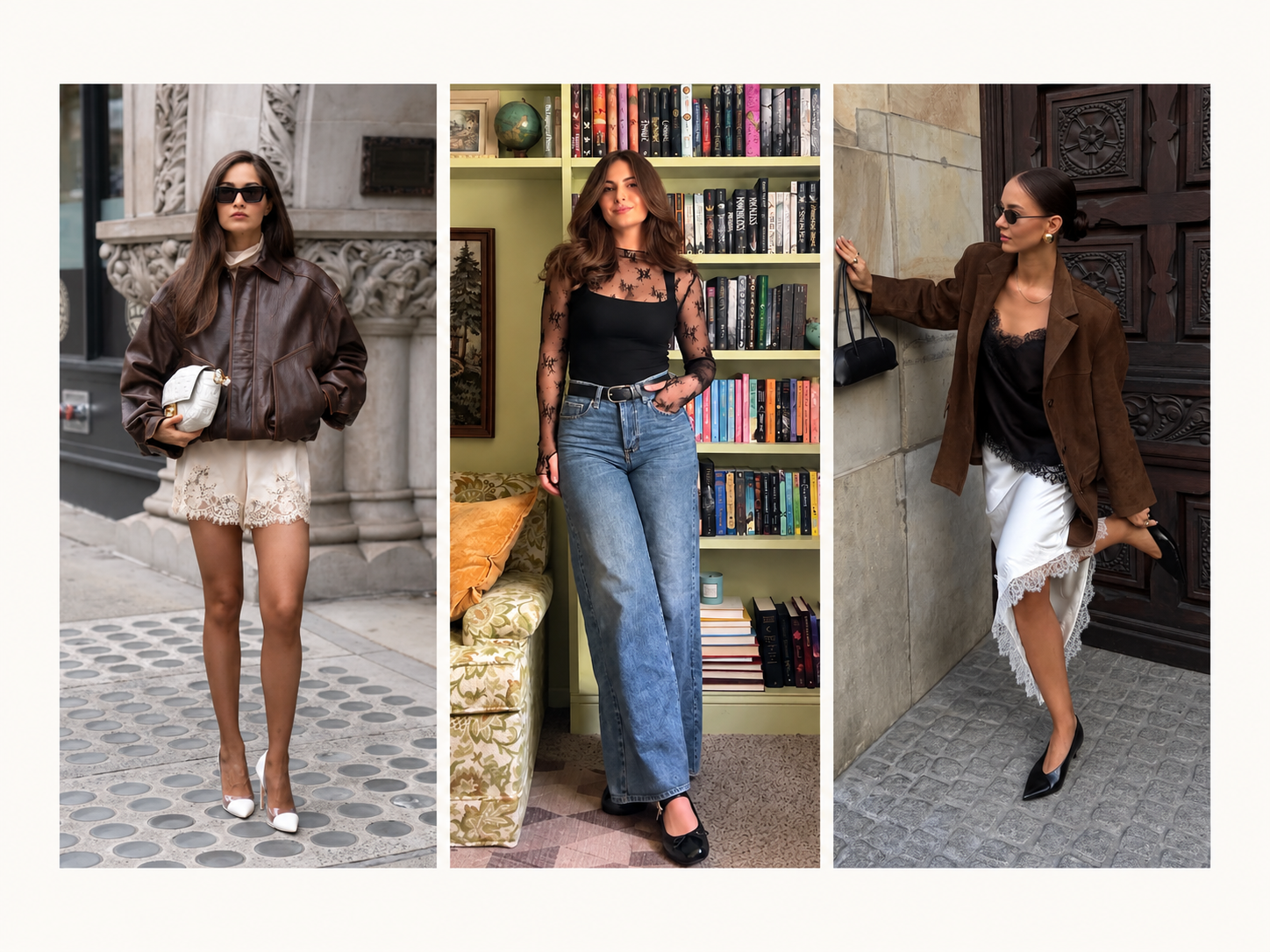 Three women wearing trendy lace-up style outfits, including a brown leather jacket with cream lace shorts, a black sheer lace top with jeans, and a brown blazer with a lace-trim satin skirt.