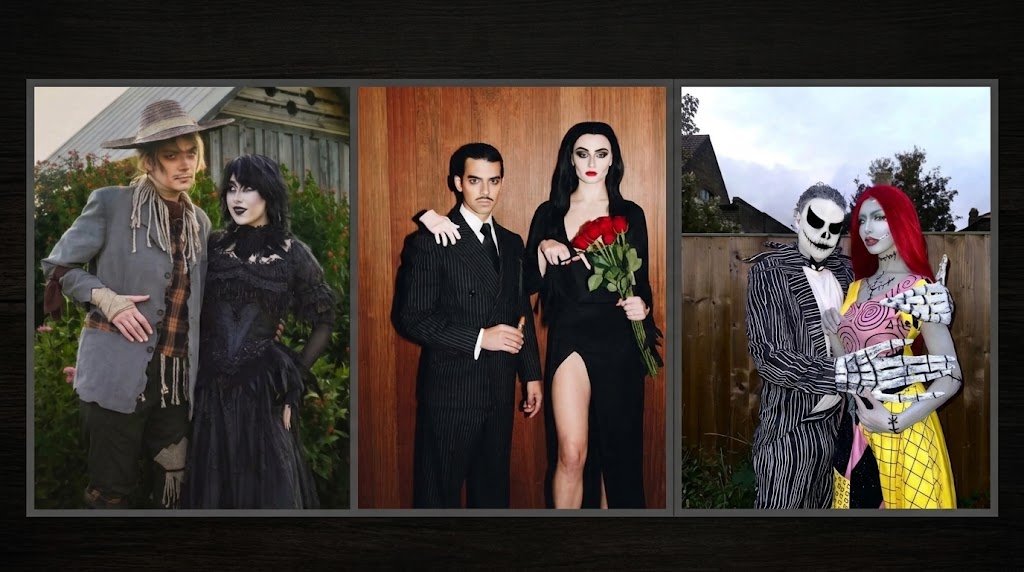 A three-panel collage of couples in spooky couple halloween costumes, featuring left, a scarecrow and a gothic partner; center, Gomez and Morticia Addams; and right, Jack Skellington and Sally.