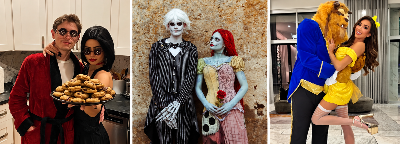 Couple Halloween costumes featuring three creative pairs in coordinated Cookie, Jack and Sally, and Beauty and the Beast outfits.
