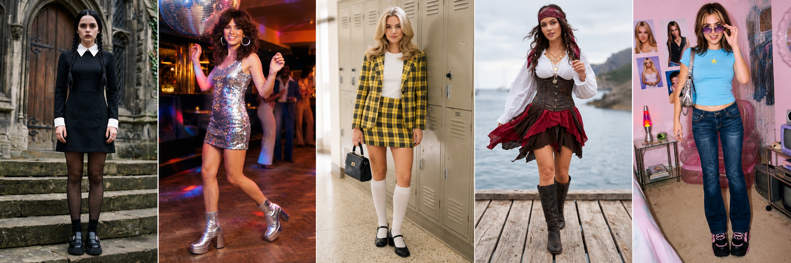 Halloween Outfit Ideas for women featuring Wednesday Addams, disco girl, Cher Horowitz, pirate and Y2K inspired costumes