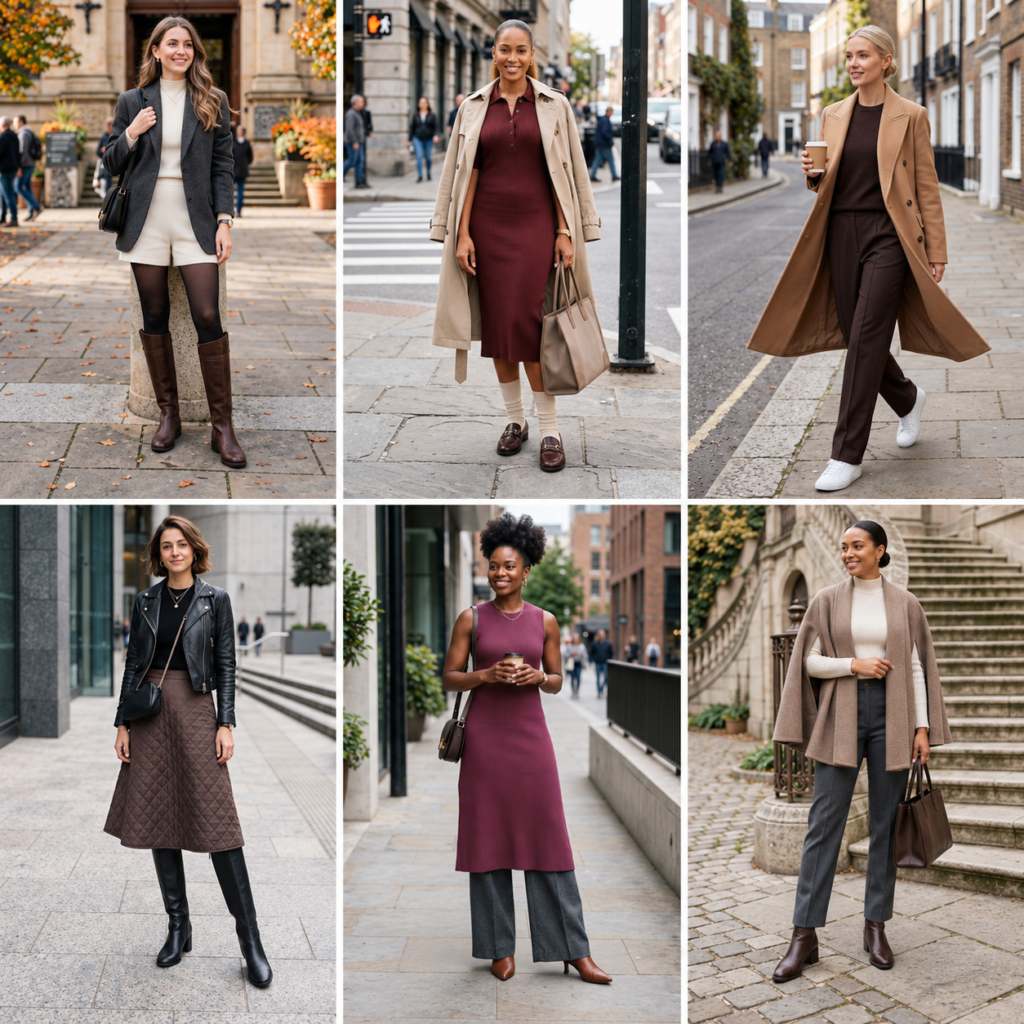 Collage of six women wearing stylish fall outfits in the city, featuring blazers, trench coats, knit dresses, trousers, boots, loafers, and layered neutral fall fashion looks.