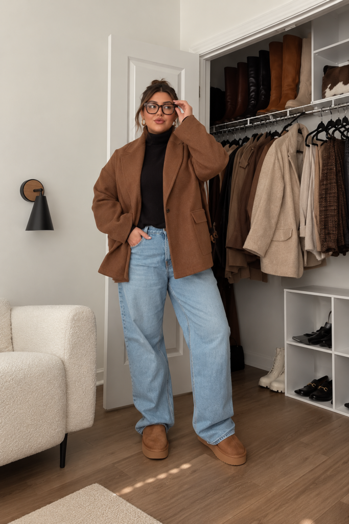Woman styling an oversized camel blazer over a black turtleneck with light-wash baggy jeans, tan suede slip-on shoes, and glasses for a relaxed fall outfit.