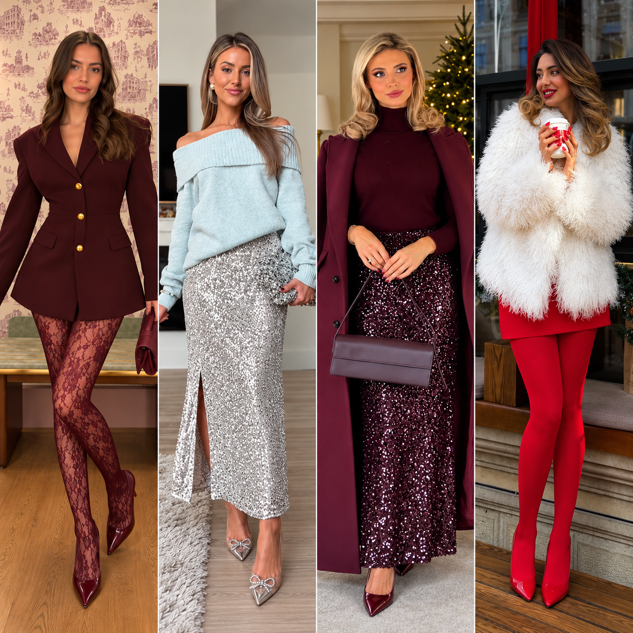 Four-panel collage showing casual christmas outfit ideas for women, including a burgundy blazer dress with lace tights, a blue off-shoulder sweater with a silver sequin skirt, a burgundy coat with a matching sequin skirt, and a red outfit with a white faux fur jacket.