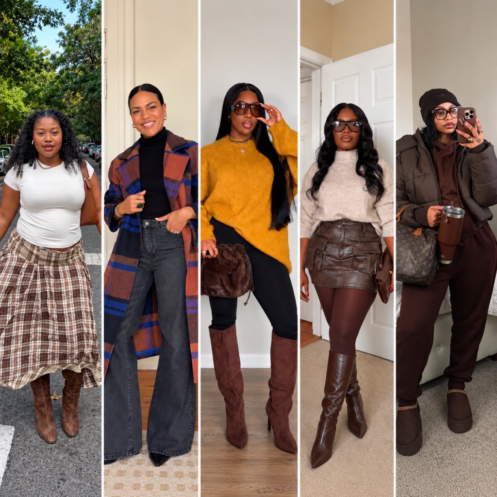 Collage of five casual fall outfits for Black women featuring a plaid maxi skirt, long plaid coat with wide-leg jeans, mustard sweater with brown boots, leather mini skirt, and cozy chocolate brown athleisure look.