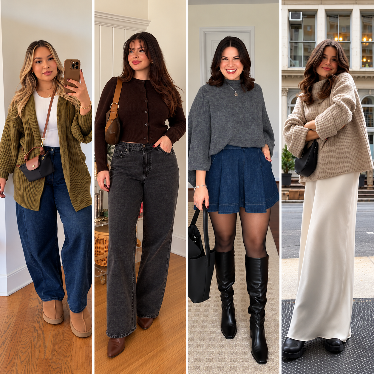 Four-panel collage of women wearing cozy casual Thanksgiving outfits, including an olive cardigan with wide-leg jeans, a dark brown cardigan with charcoal jeans, a gray sweater with a denim mini skirt and knee-high boots, and a cream oversized sweater with a satin maxi skirt.