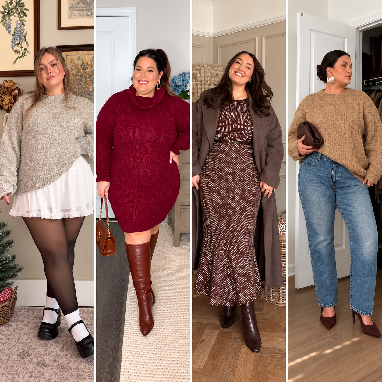 Collage of four plus size women wearing chic plus size Thanksgiving outfits, including a silver sweater with a white ruffled skirt, burgundy sweater dress, brown polka dot midi dress, and camel sweater with blue jeans.