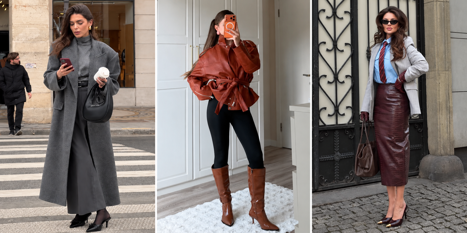 Side-by-side collage of three women wearing classy fall outfits, including a charcoal long coat look, a brown leather jacket with black leggings and knee-high boots, and a blazer with a burgundy leather midi skirt and tie.